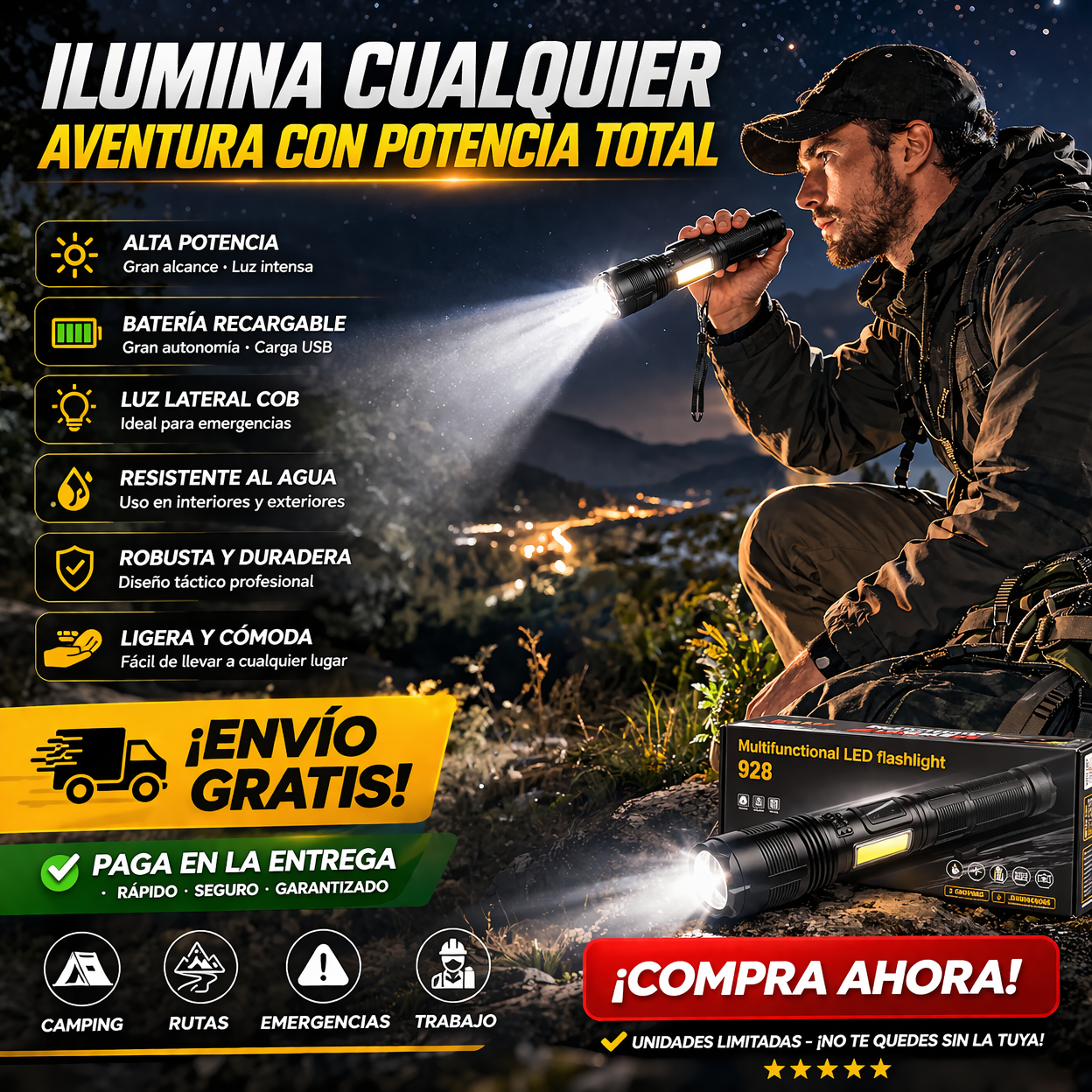 Linterna alta potencia impermeable con zoom