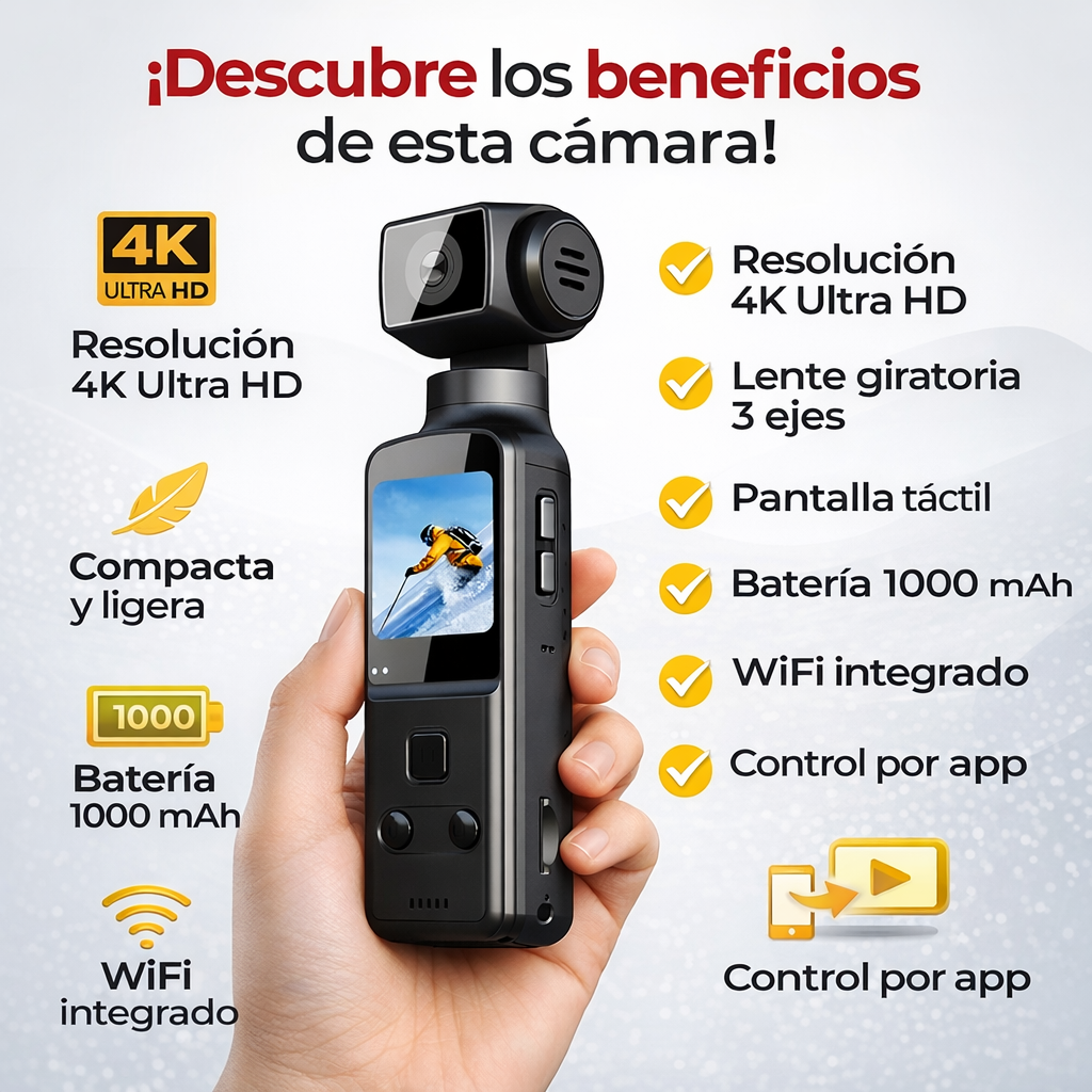 Cámara Digital de Bolsillo 4K – Rotación 270°, WiFi, Estabilización y Grabación en Movimiento